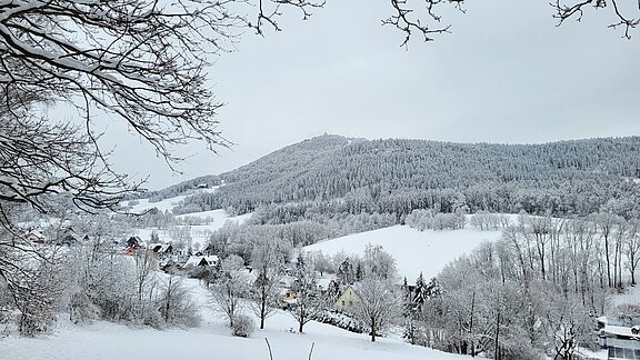 Lausche im Winter verschneite Landschaft, links hängen Äste einer Buche in das Bild dominierend ist die verschneite Lausche, der Himmel ist grau,an die ansteigende Straße schmiegen sich kleine Häuser mit verschneiten Dächern
